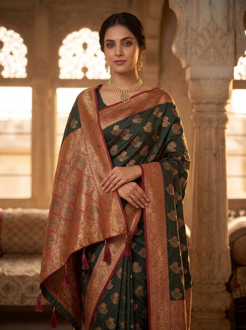 Majestic Bottle Green Art Silk Banarasi Saree with Crimson Red Contrast Border & Blouse Piece