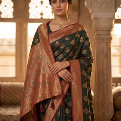 Majestic Bottle Green Art Silk Banarasi Saree with Crimson Red Contrast Border & Blouse Piece