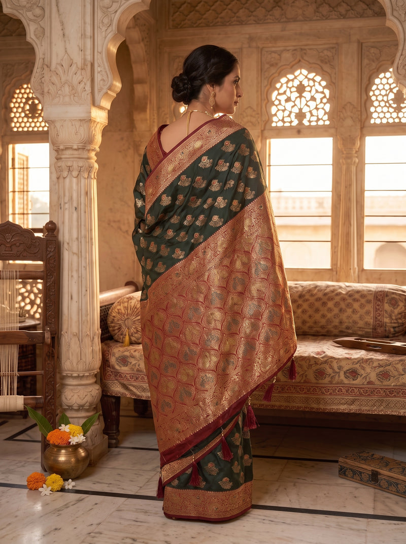 Majestic Bottle Green Art Silk Banarasi Saree with Crimson Red Contrast Border & Blouse Piece