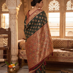 Majestic Bottle Green Art Silk Banarasi Saree with Crimson Red Contrast Border & Blouse Piece