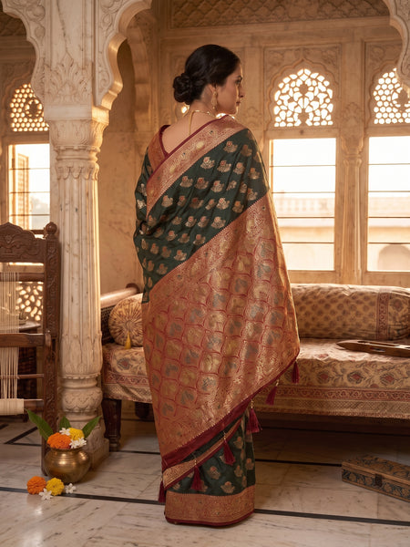 Majestic Bottle Green Art Silk Banarasi Saree with Crimson Red Contrast Border & Blouse Piece