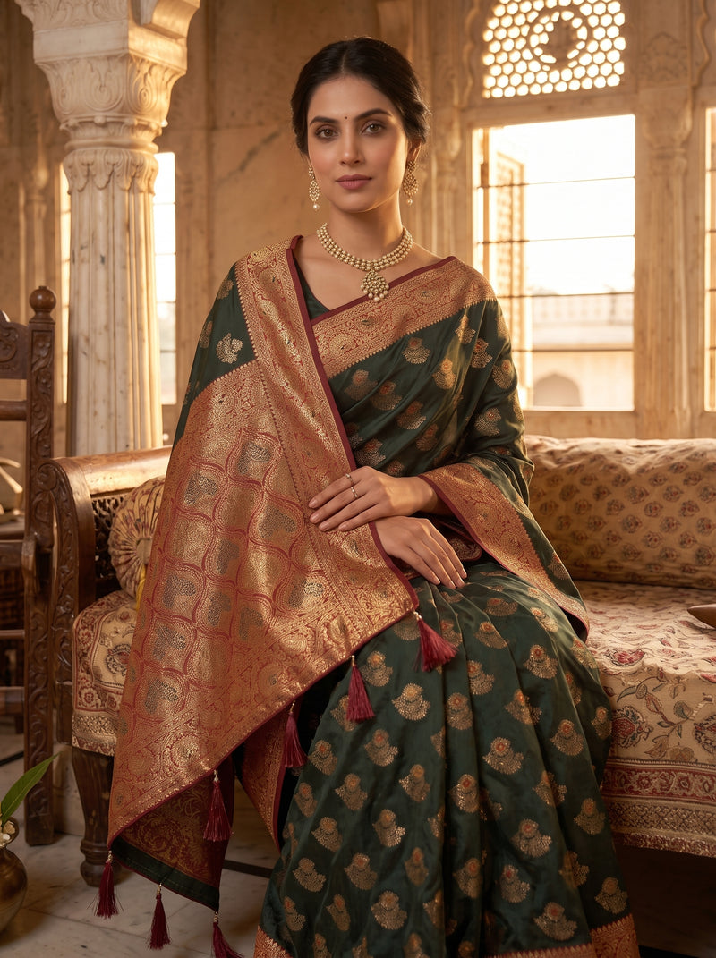 Majestic Bottle Green Art Silk Banarasi Saree with Crimson Red Contrast Border & Blouse Piece