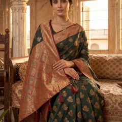 Majestic Bottle Green Art Silk Banarasi Saree with Crimson Red Contrast Border & Blouse Piece