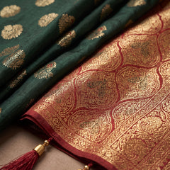 Majestic Bottle Green Art Silk Banarasi Saree with Crimson Red Contrast Border & Blouse Piece