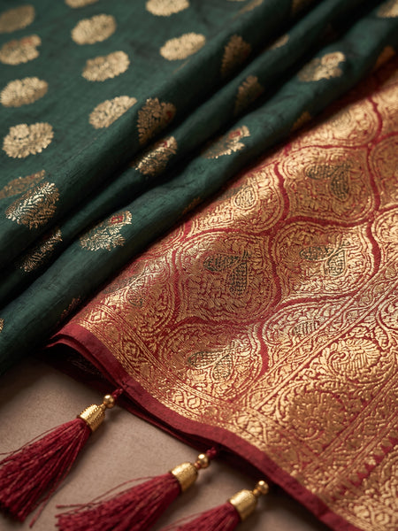 Majestic Bottle Green Art Silk Banarasi Saree with Crimson Red Contrast Border & Blouse Piece