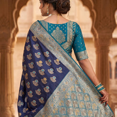 Royal Navy Blue Art Silk Banarasi Saree with Teal Blue Contrast Border & Blouse Piece