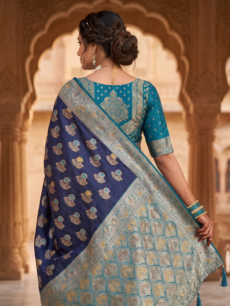 Royal Navy Blue Art Silk Banarasi Saree with Teal Blue Contrast Border & Blouse Piece