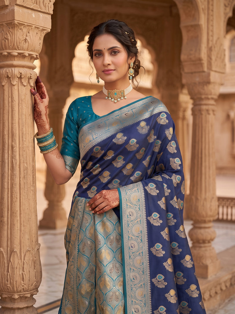 Royal Navy Blue Art Silk Banarasi Saree with Teal Blue Contrast Border & Blouse Piece