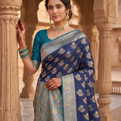 Royal Navy Blue Art Silk Banarasi Saree with Teal Blue Contrast Border & Blouse Piece