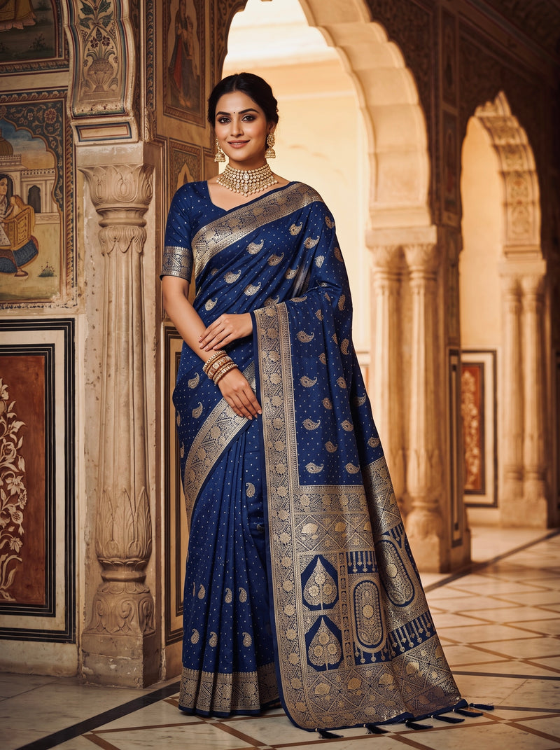 Royal Navy Blue Banarasi Silk Saree with Golden Paisley Zari Work, Rich Woven Border & Heavy Designer Pallu for Women