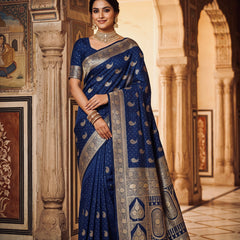 Royal Navy Blue Banarasi Silk Saree with Golden Paisley Zari Work, Rich Woven Border & Heavy Designer Pallu for Women