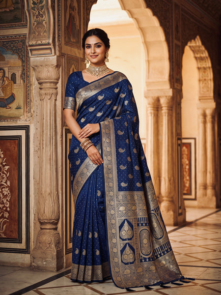 Royal Navy Blue Banarasi Silk Saree with Golden Paisley Zari Work, Rich Woven Border & Heavy Designer Pallu for Women