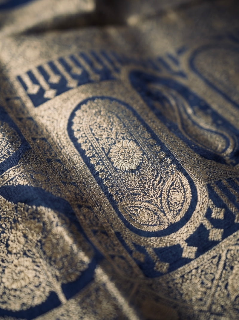 Royal Navy Blue Banarasi Silk Saree with Golden Paisley Zari Work, Rich Woven Border & Heavy Designer Pallu for Women
