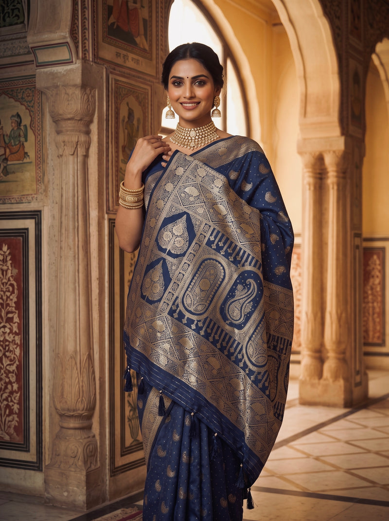 Royal Navy Blue Banarasi Silk Saree with Golden Paisley Zari Work, Rich Woven Border & Heavy Designer Pallu for Women