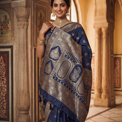 Royal Navy Blue Banarasi Silk Saree with Golden Paisley Zari Work, Rich Woven Border & Heavy Designer Pallu for Women