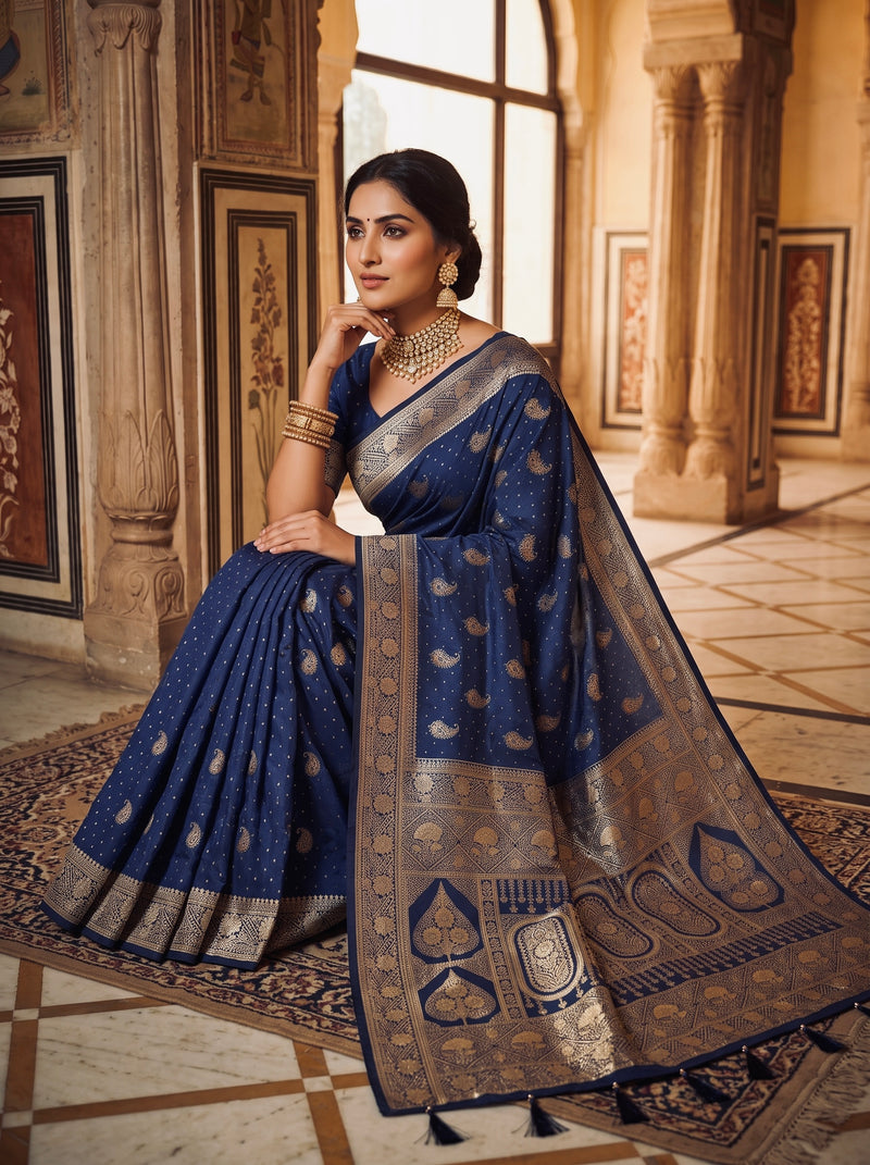 Royal Navy Blue Banarasi Silk Saree with Golden Paisley Zari Work, Rich Woven Border & Heavy Designer Pallu for Women