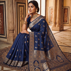 Royal Navy Blue Banarasi Silk Saree with Golden Paisley Zari Work, Rich Woven Border & Heavy Designer Pallu for Women