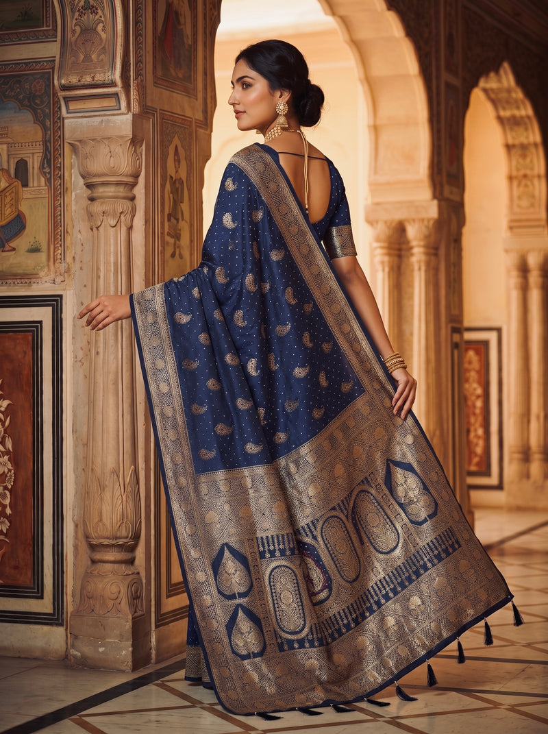 Royal Navy Blue Banarasi Silk Saree with Golden Paisley Zari Work, Rich Woven Border & Heavy Designer Pallu for Women