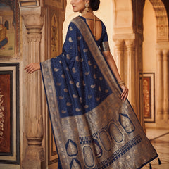 Royal Navy Blue Banarasi Silk Saree with Golden Paisley Zari Work, Rich Woven Border & Heavy Designer Pallu for Women