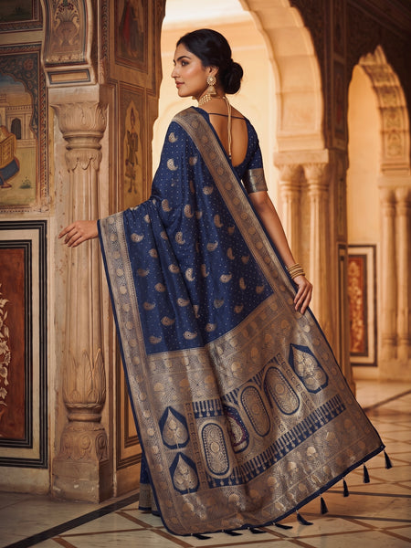 Royal Navy Blue Banarasi Silk Saree with Golden Paisley Zari Work, Rich Woven Border & Heavy Designer Pallu for Women