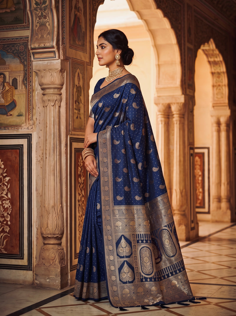 Royal Navy Blue Banarasi Silk Saree with Golden Paisley Zari Work, Rich Woven Border & Heavy Designer Pallu for Women