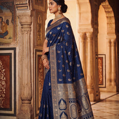 Royal Navy Blue Banarasi Silk Saree with Golden Paisley Zari Work, Rich Woven Border & Heavy Designer Pallu for Women