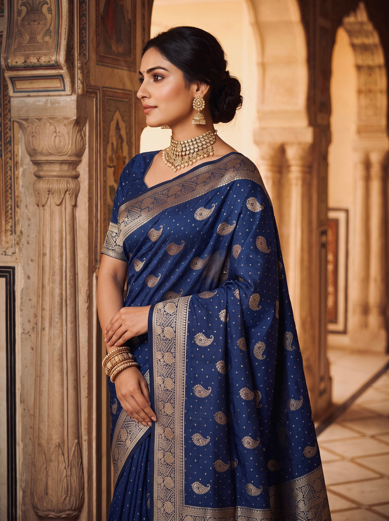 Royal Navy Blue Banarasi Silk Saree with Golden Paisley Zari Work, Rich Woven Border & Heavy Designer Pallu for Women