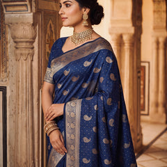 Royal Navy Blue Banarasi Silk Saree with Golden Paisley Zari Work, Rich Woven Border & Heavy Designer Pallu for Women
