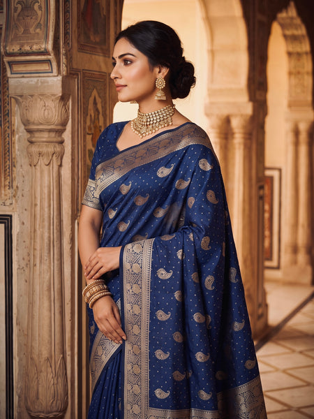 Royal Navy Blue Banarasi Silk Saree with Golden Paisley Zari Work, Rich Woven Border & Heavy Designer Pallu for Women