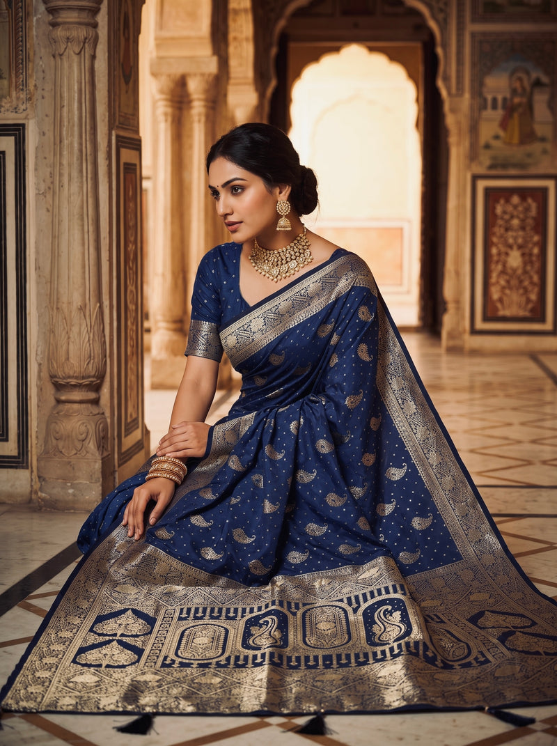 Royal Navy Blue Banarasi Silk Saree with Golden Paisley Zari Work, Rich Woven Border & Heavy Designer Pallu for Women