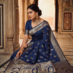 Royal Navy Blue Banarasi Silk Saree with Golden Paisley Zari Work, Rich Woven Border & Heavy Designer Pallu for Women