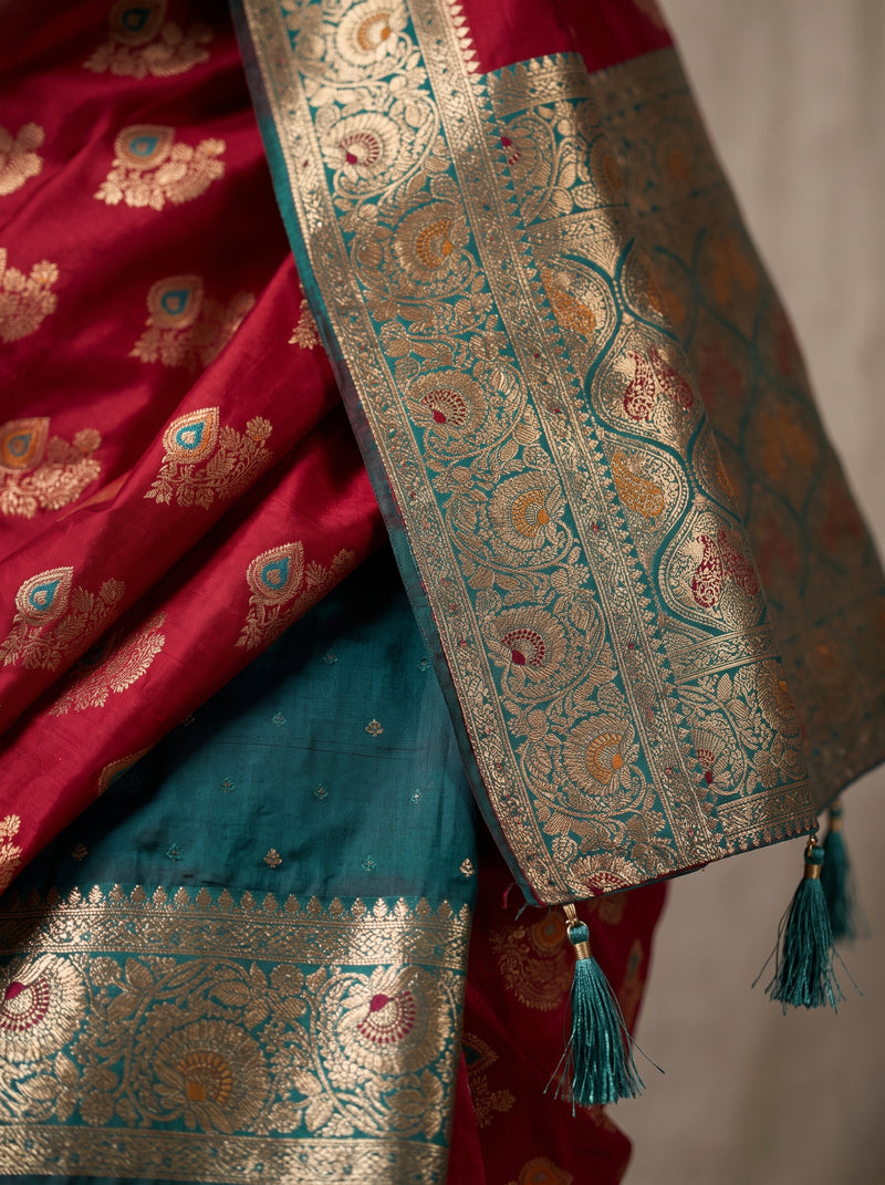 Vibrant Rani Pink Art Silk Banarasi Saree with Teal Green Contrast Border & Blouse Piece