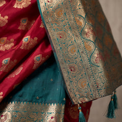 Vibrant Rani Pink Art Silk Banarasi Saree with Teal Green Contrast Border & Blouse Piece