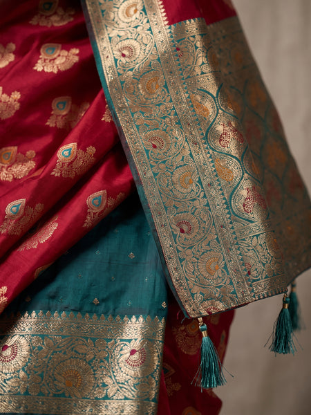 Vibrant Rani Pink Art Silk Banarasi Saree with Teal Green Contrast Border & Blouse Piece