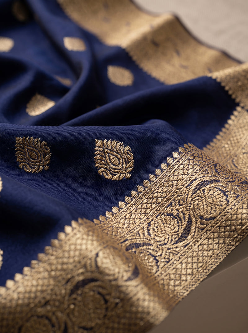 Royal Navy Blue Banarasi Silk Saree with Golden Zari Butti Work, Woven Border & Rich Traditional Pallu for Women