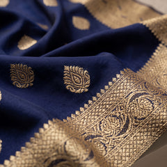 Royal Navy Blue Banarasi Silk Saree with Golden Zari Butti Work, Woven Border & Rich Traditional Pallu for Women