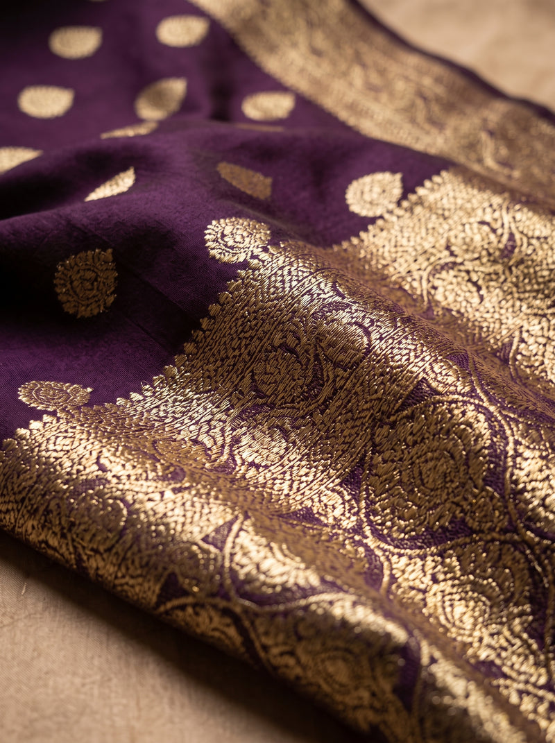 Royal Purple Banarasi Silk Saree with Golden Zari Butti Work, Woven Border & Rich Designer Pallu for Women
