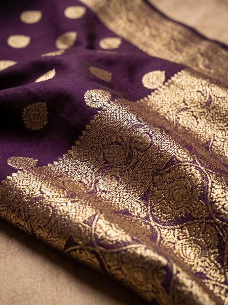Royal Purple Banarasi Silk Saree with Golden Zari Butti Work, Woven Border & Rich Designer Pallu for Women