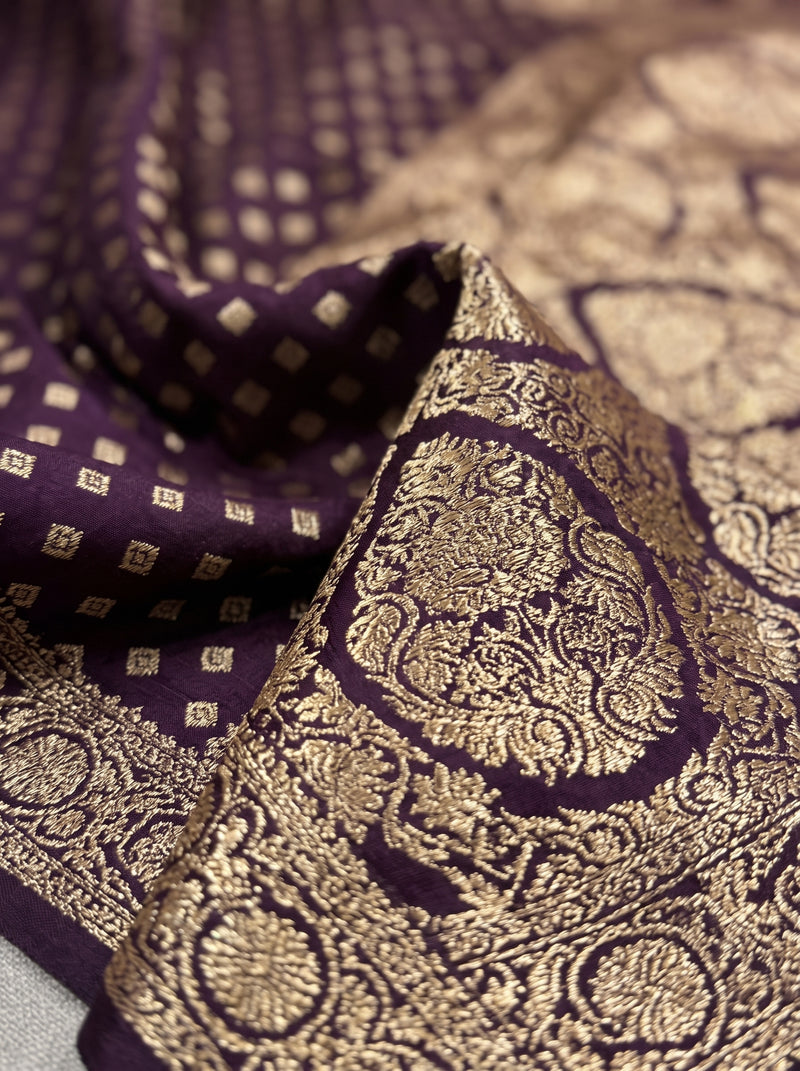 Wine Purple Banarasi Silk Saree with Golden Zari Diamond Butti Work, Floral Woven Border & Rich Pallu for Women