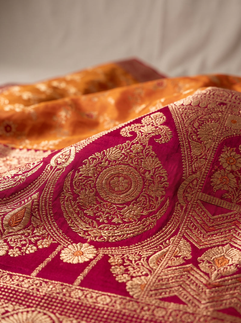 Radiant Orange Banarasi Silk Saree with Rich Magenta Contrast Border and Blouse