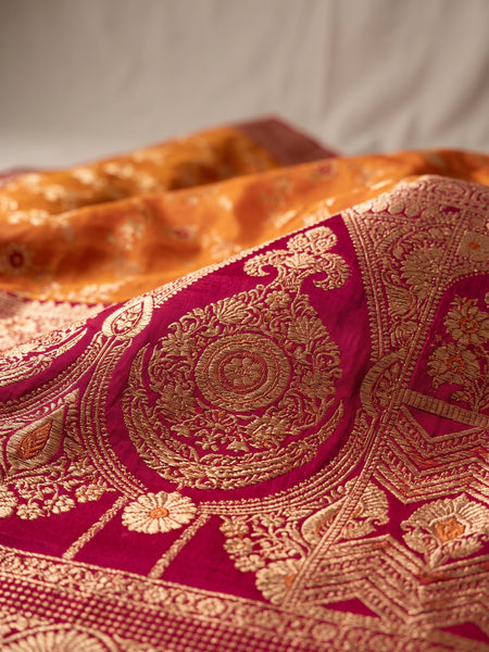 Radiant Orange Banarasi Silk Saree with Rich Magenta Contrast Border and Blouse