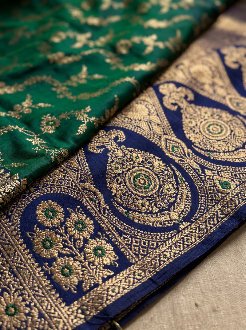 Royal Emerald Green Art Silk Banarasi Saree with Sapphire Blue Contrast Border & Pallu