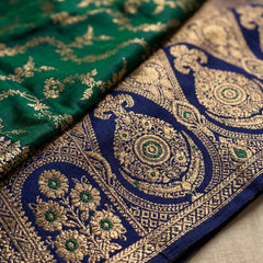 Royal Emerald Green Art Silk Banarasi Saree with Sapphire Blue Contrast Border & Pallu