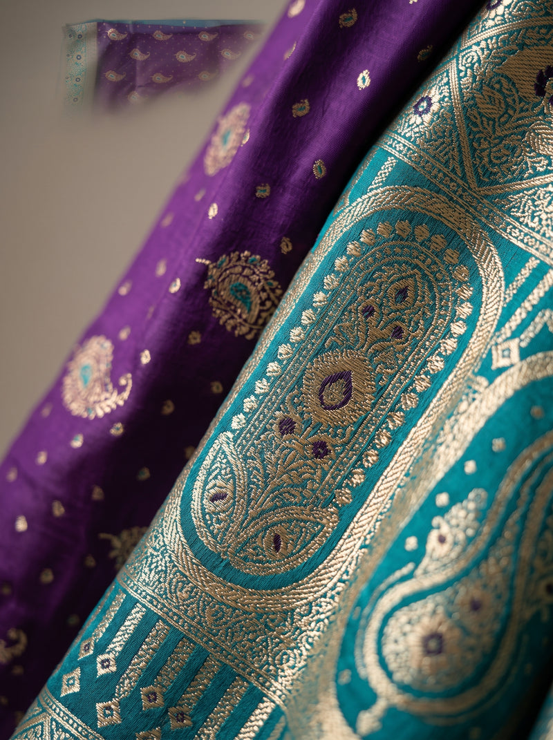 Royal Purple Art Silk Banarasi Saree with Peacock Blue Contrast Border & Blouse Piece