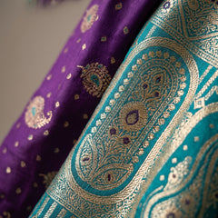 Royal Purple Art Silk Banarasi Saree with Peacock Blue Contrast Border & Blouse Piece