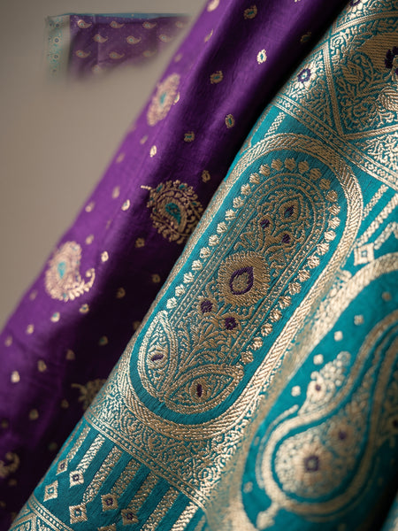 Royal Purple Art Silk Banarasi Saree with Peacock Blue Contrast Border & Blouse Piece