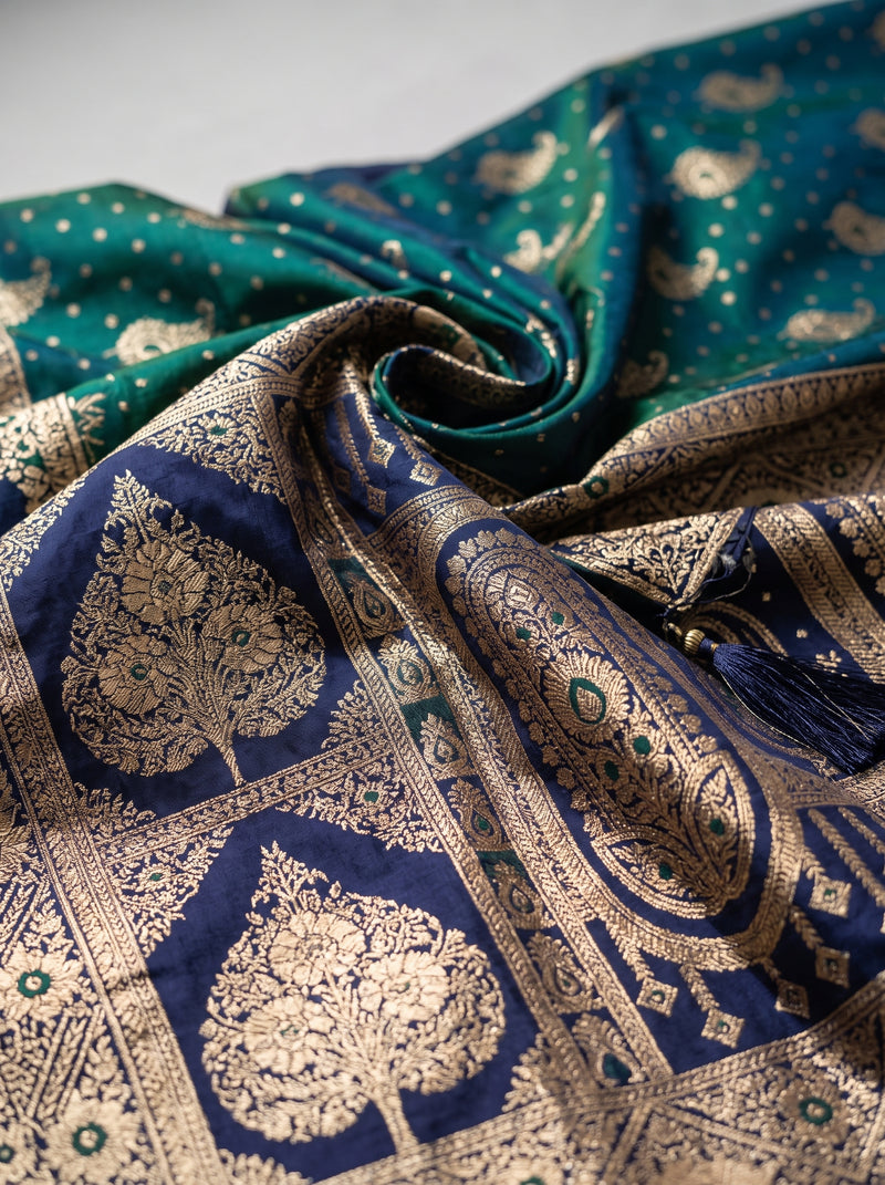 Royal Peacock Green Art Silk Banarasi Saree with Purple Contrast Border & Blouse Piece