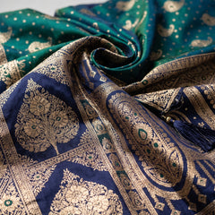 Royal Peacock Green Art Silk Banarasi Saree with Purple Contrast Border & Blouse Piece