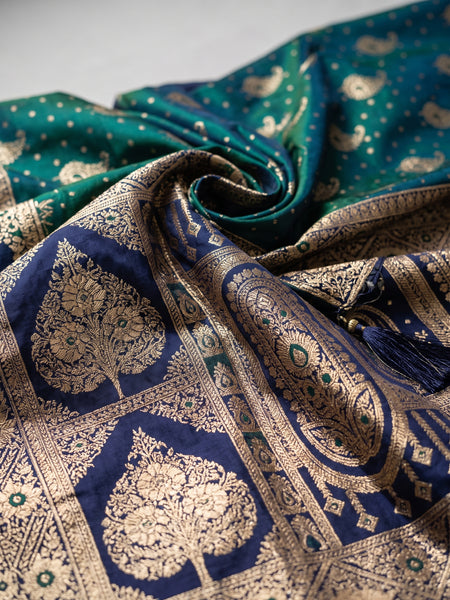 Royal Peacock Green Art Silk Banarasi Saree with Purple Contrast Border & Blouse Piece