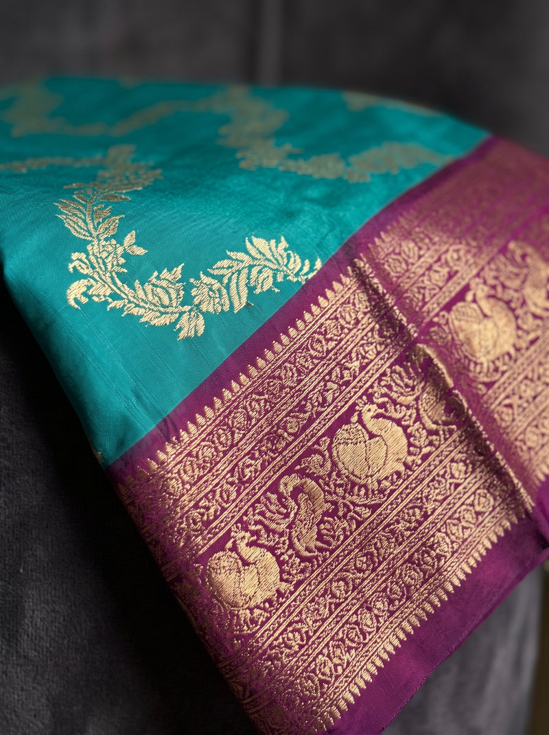 Peacock Teal Blue Art Silk Banarasi Saree with Deep Purple Contrast Pallu & Blouse Piece